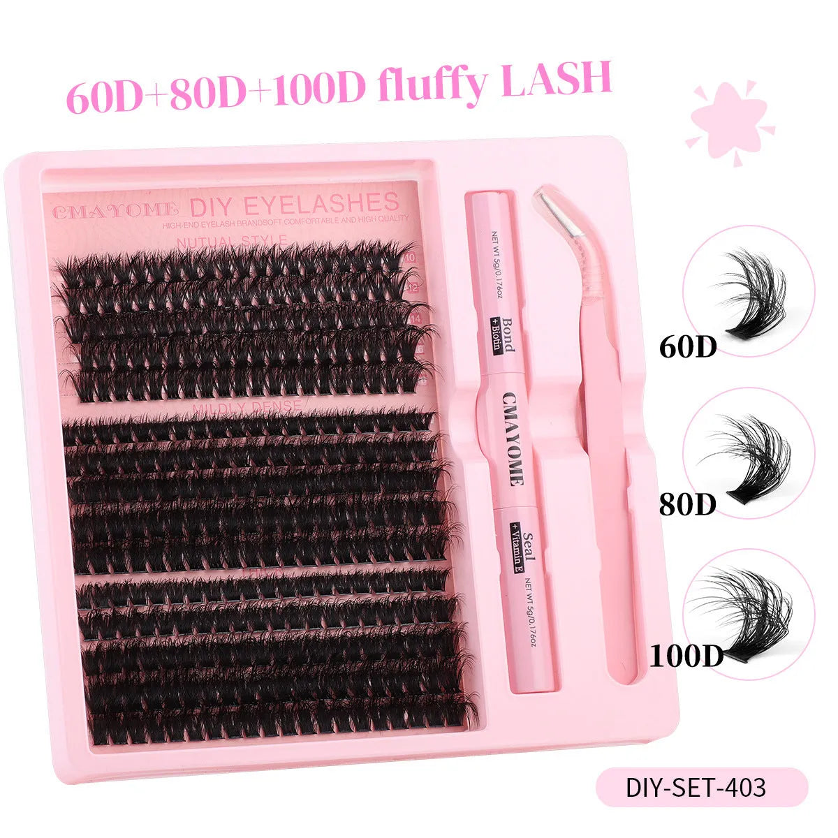 DIY false eyelash extension suit showing single cluster lashes and application tweezers