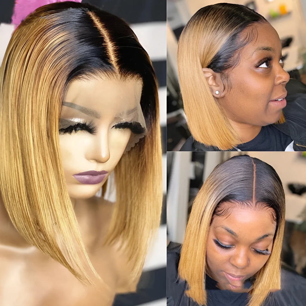 Ombre straight real human hair short bob wig with 180% density, 12 inch length, half lace front