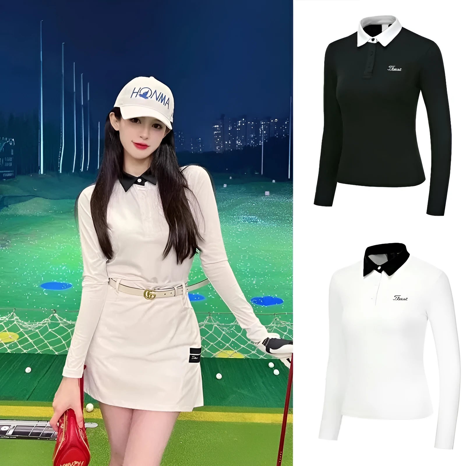 Women's white long sleeve golf top with slim fit for outdoor sports activities