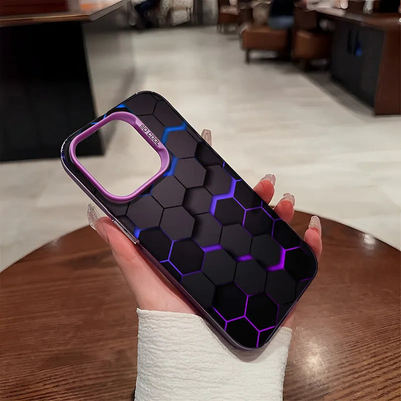 Frosted iPhone case with a contrasting honeycomb square design on the back in Moonlight Black.