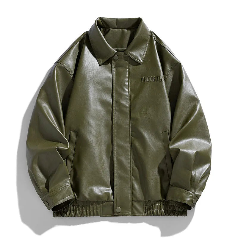 Mens slim fit corduroy rabbit hair PU leather jacket in army green, front view