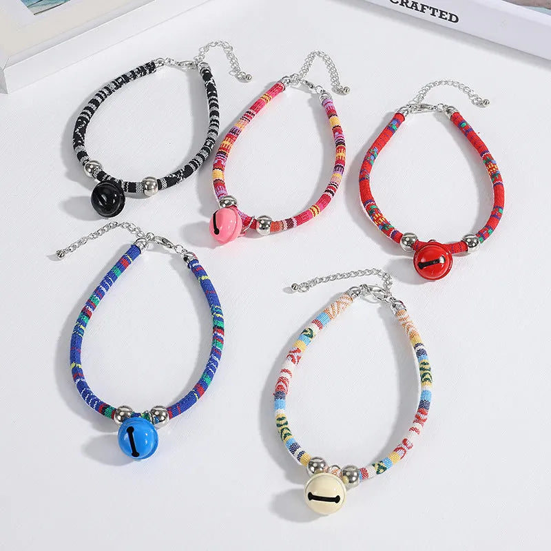 Colourful ethnic pattern adjustable pet collar with bell in multiple colour options
