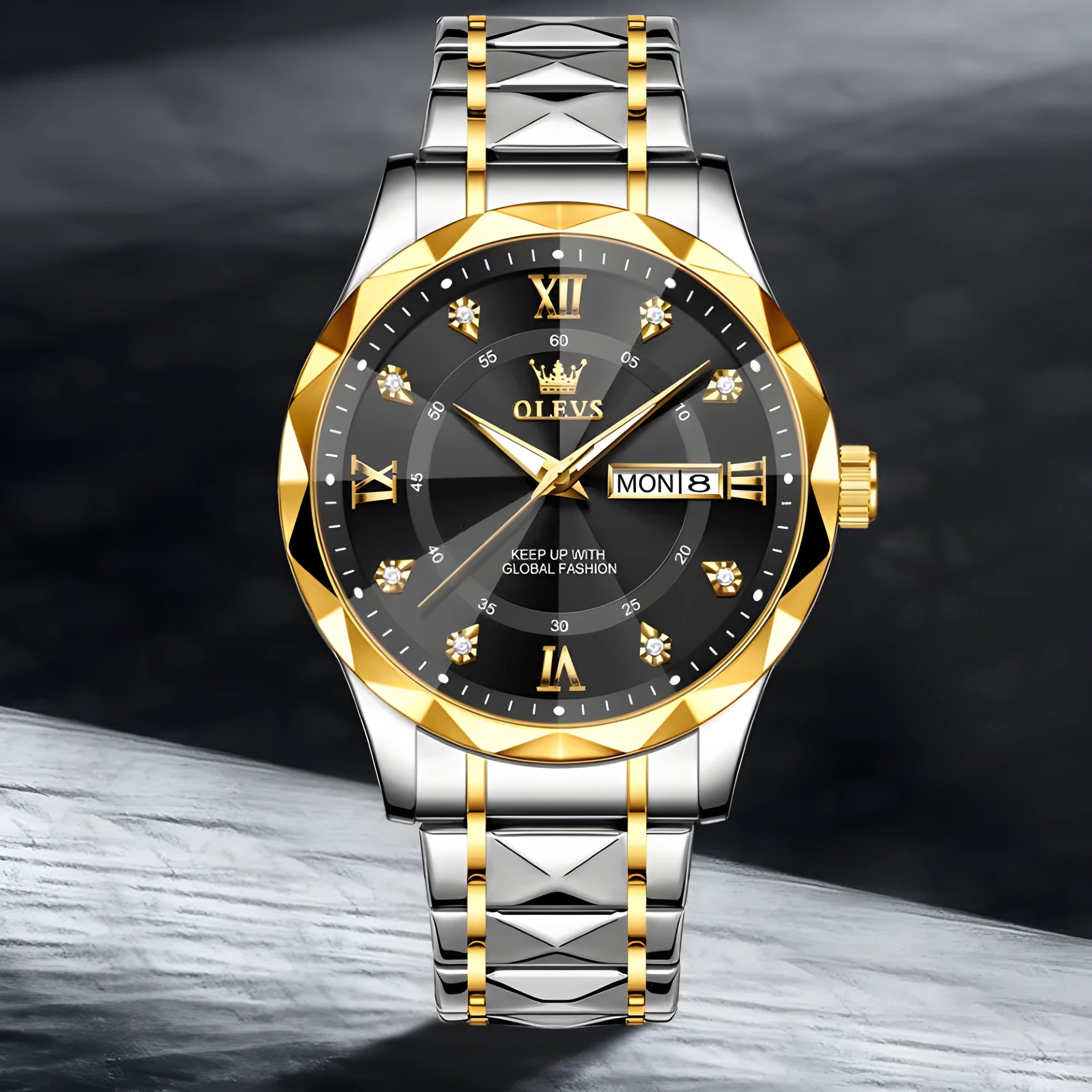 OLEVS 2025 men's luminous waterproof business quartz watch with stainless steel strap, 11mm slim case, steel band blue