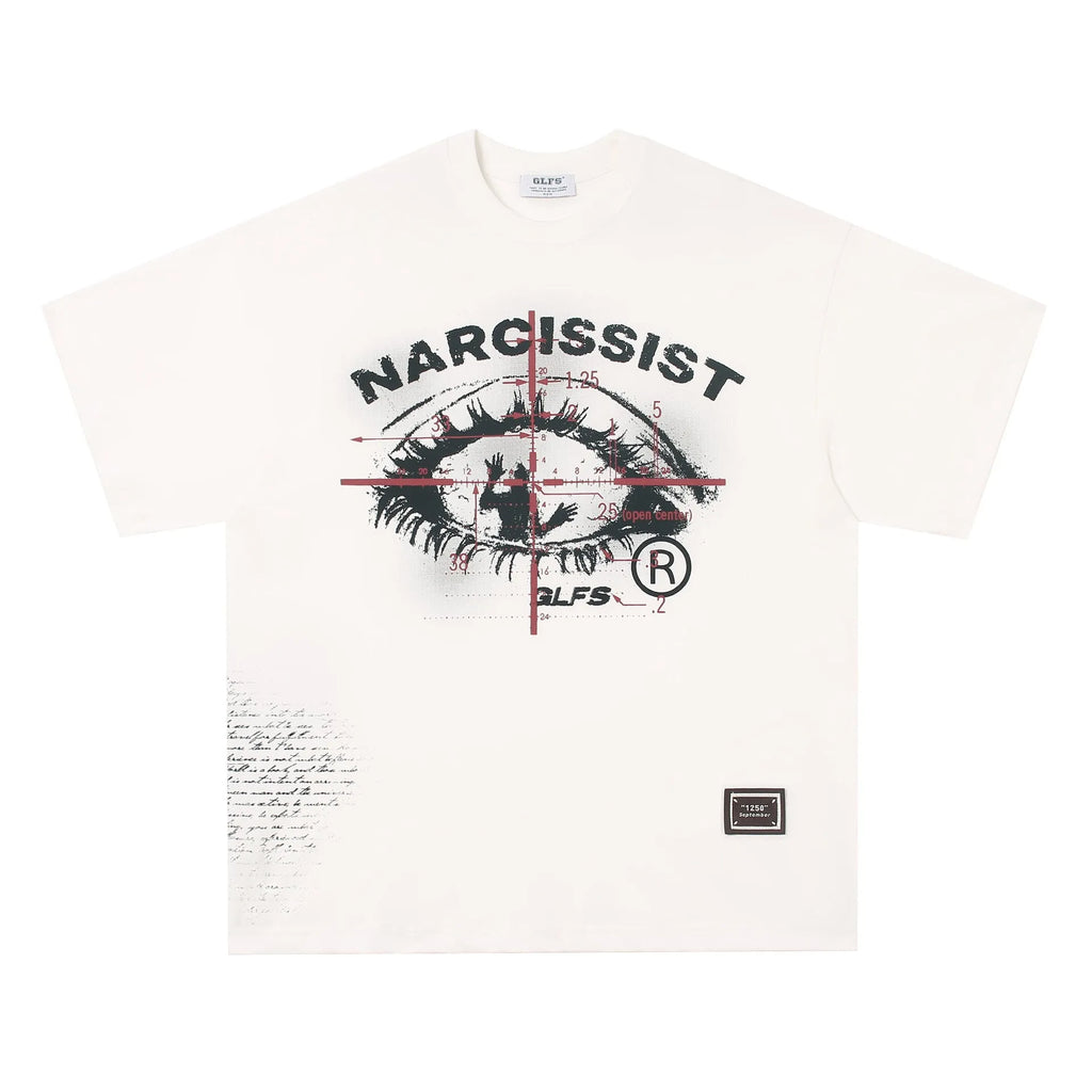 Black and white cotton t-shirt with retro letter print, shown in sizes for teenagers.
