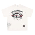 Black and white cotton t-shirt with retro letter print, shown in sizes for teenagers.