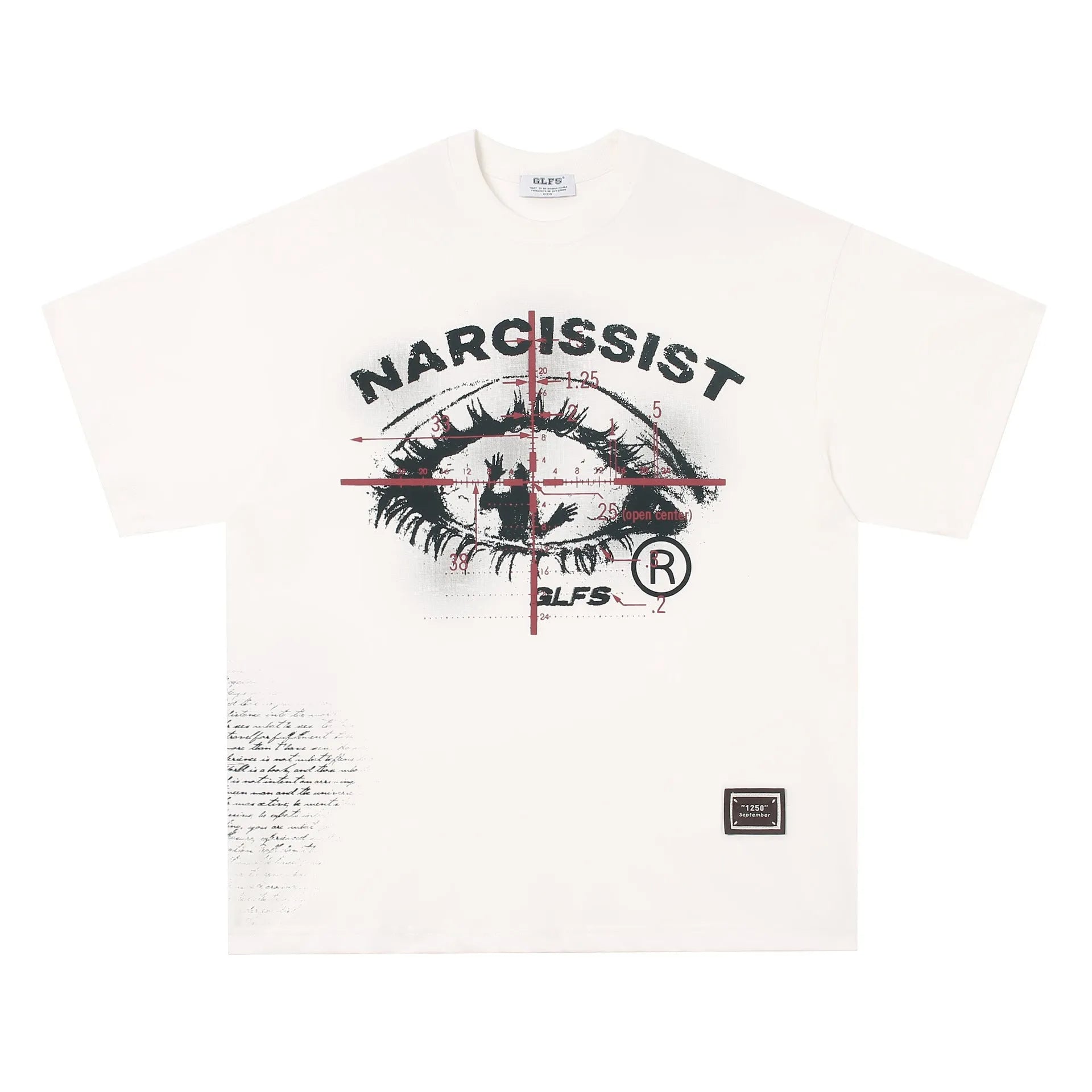 Black and white cotton t-shirt with retro letter print, shown in sizes for teenagers.