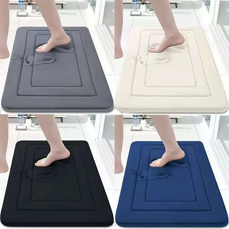 Thickened memory foam anti-slip coral velvet bathroom mat in grey placed at bathroom entrance