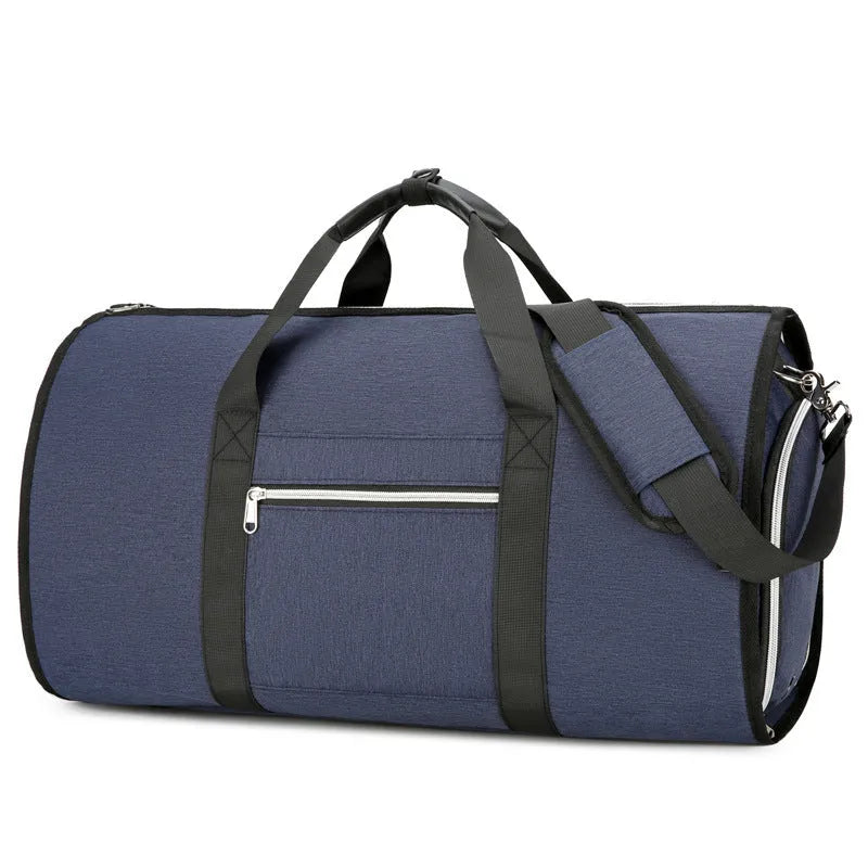 Grey Oxford cloth sports and business bag with expansion feature and dry wet separation compartments.