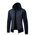 Man wearing a grey hooded zip-front cardigan made of textured wool corduroy with a cinched waist.