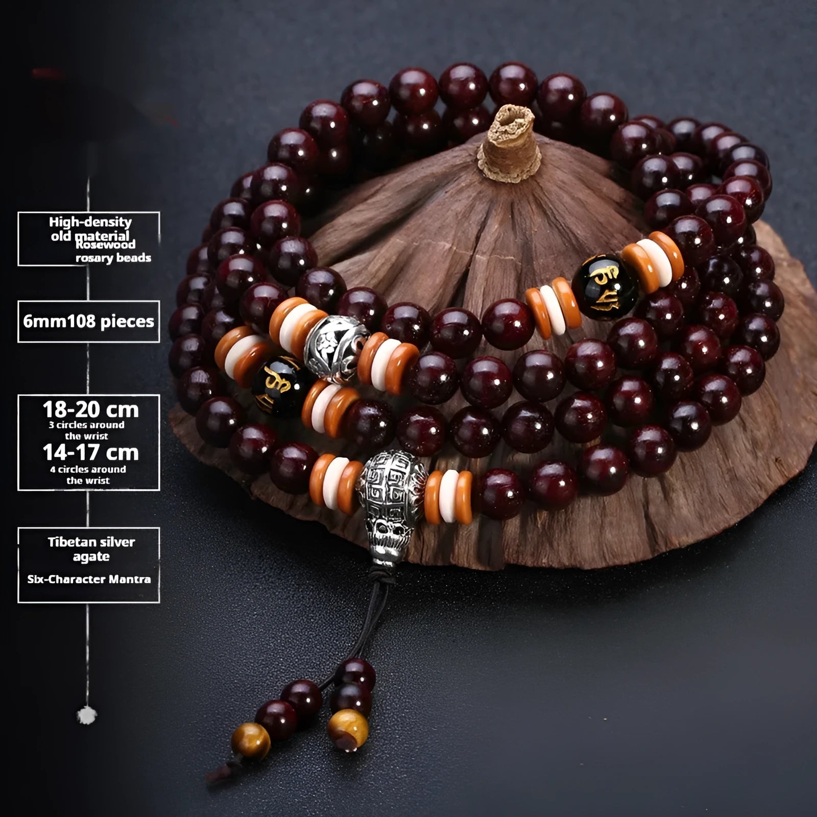 Men's rosewood bead bracelet with 108 beads, shown in a choice of lapis lazuli, turquoise, or red agate styles.