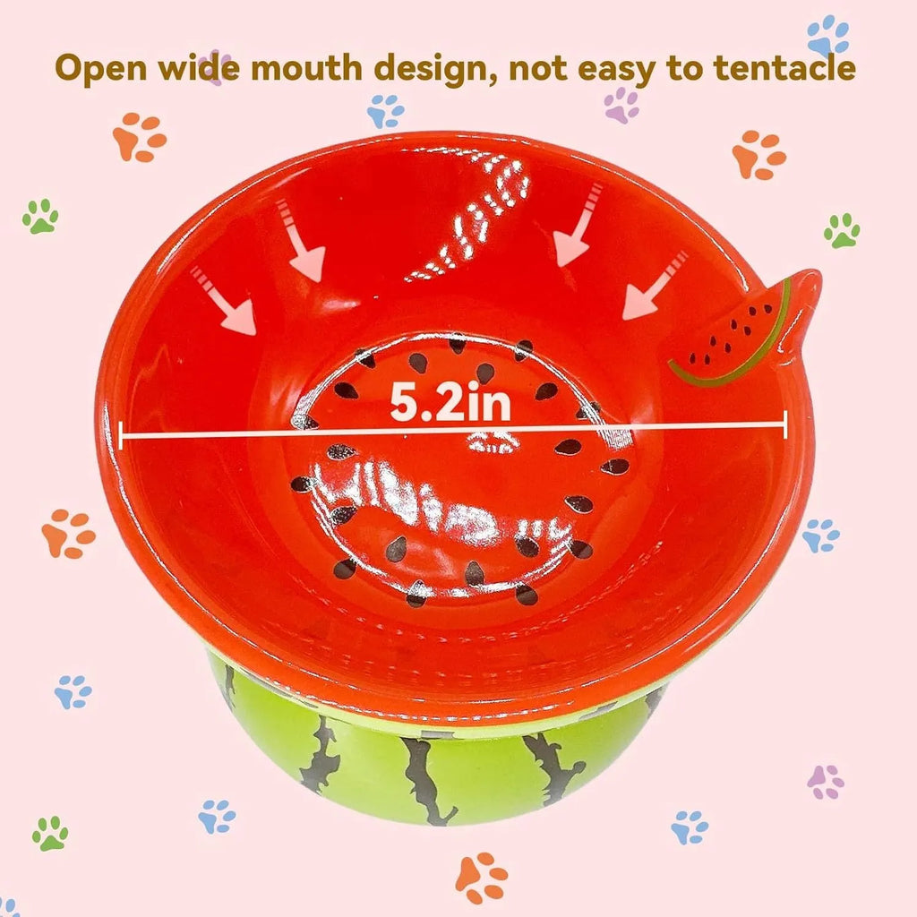 Ceramic raised cat bowl with tilted design in orange, pitaya, or watermelon patterns