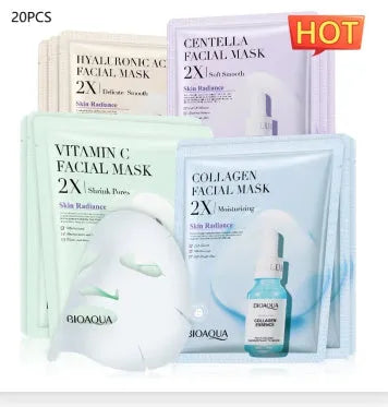 Single collagen hyaluronic acid facial sheet mask with 30g gel serum, shown on white background
