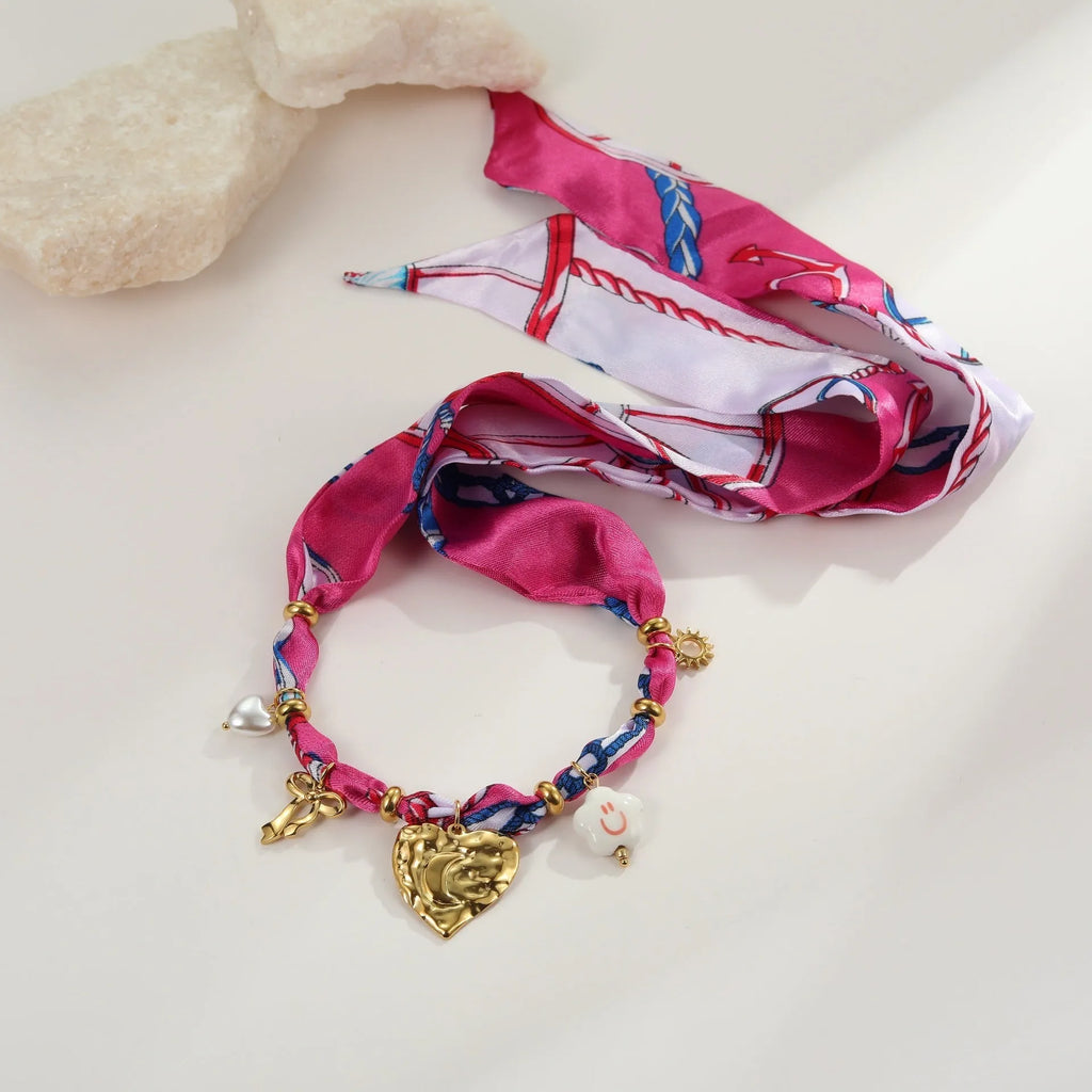 Geometric pendant necklace and bracelet set with colourful silk scarf pattern, stainless steel with 18K gold plating