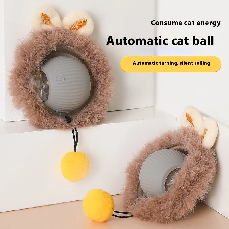 Flexible silicone rolling ball cat toy in plush red, green, and grey colours