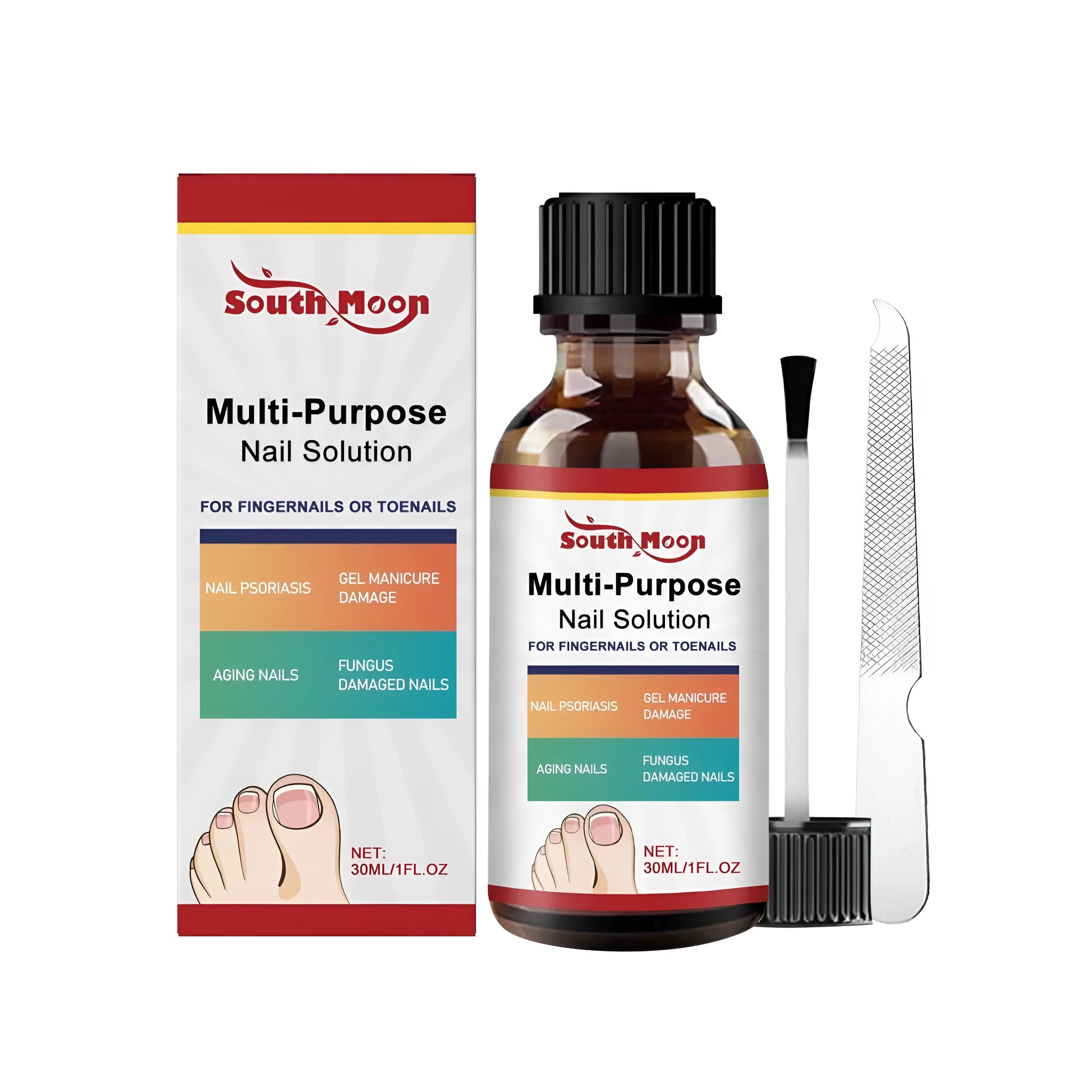 30ml nail care solution bottle with tea tree oil and white willow bark ingredients plus nail file