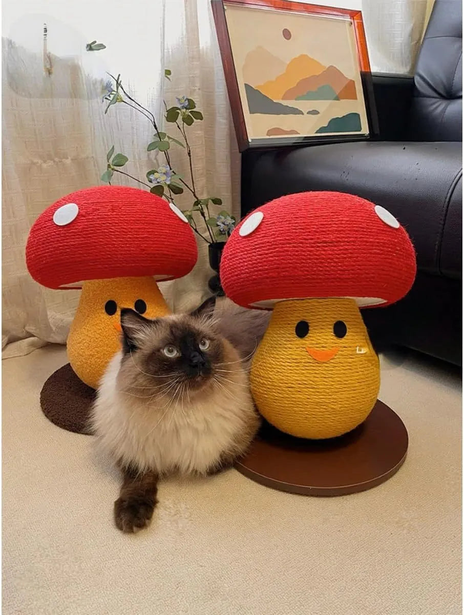 Foldable mushroom-shaped cardboard cat scratch board on a carpet next to a sofa.