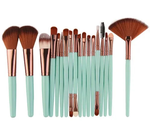18-piece makeup brush set with fan-shaped tools in multiple styles for professional and home makeup application
