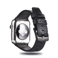 Compatible carbon fibre and leather Apple Watch strap with PC hard case in red, black, orange, and blue colour options.
