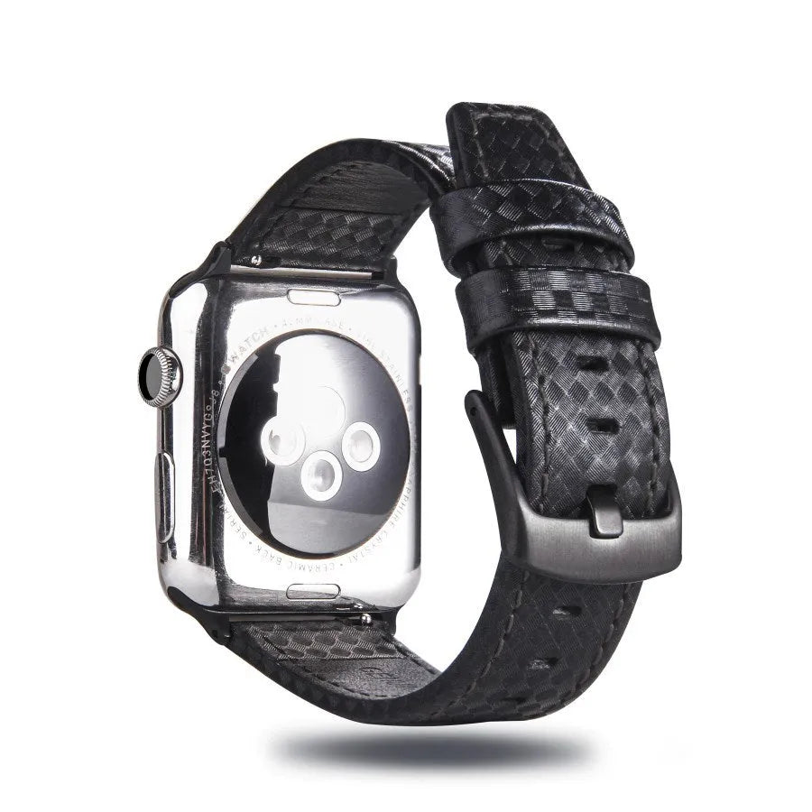 Compatible carbon fibre and leather Apple Watch strap with PC hard case in red, black, orange, and blue colour options.