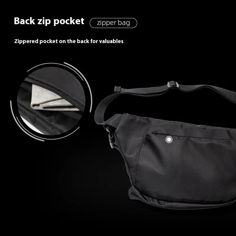 Black men's 8-inch slanted chest bag made from Oxford fabric with visible sewing line details