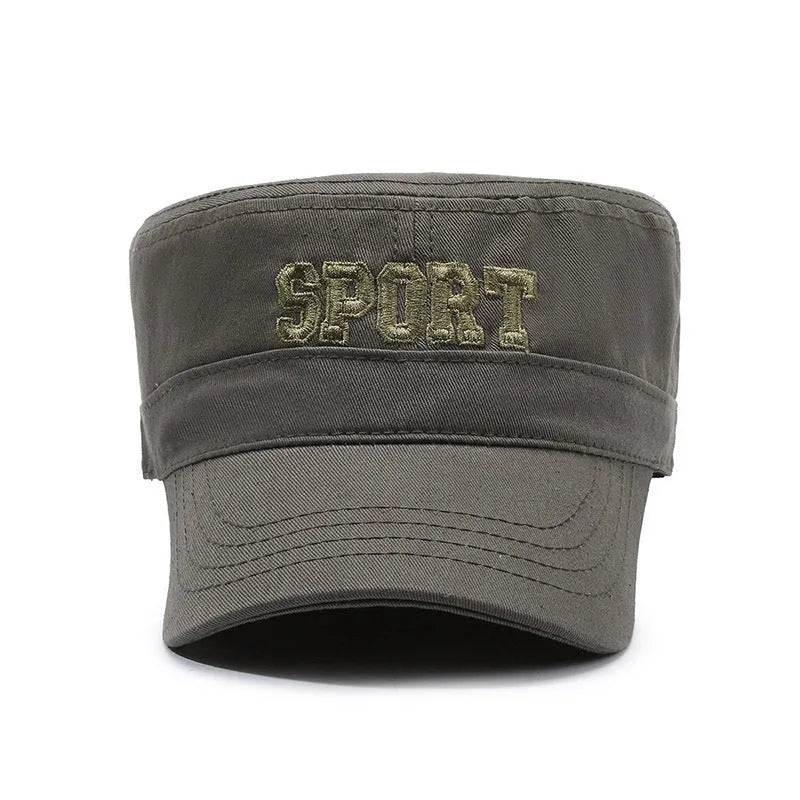 Men's flat-top cotton peaked cap with adjustable strap in army green colour