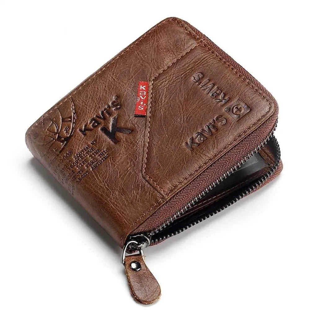 Men's soft genuine leather wallet in coffee colour with zipper closure showing multiple internal compartments