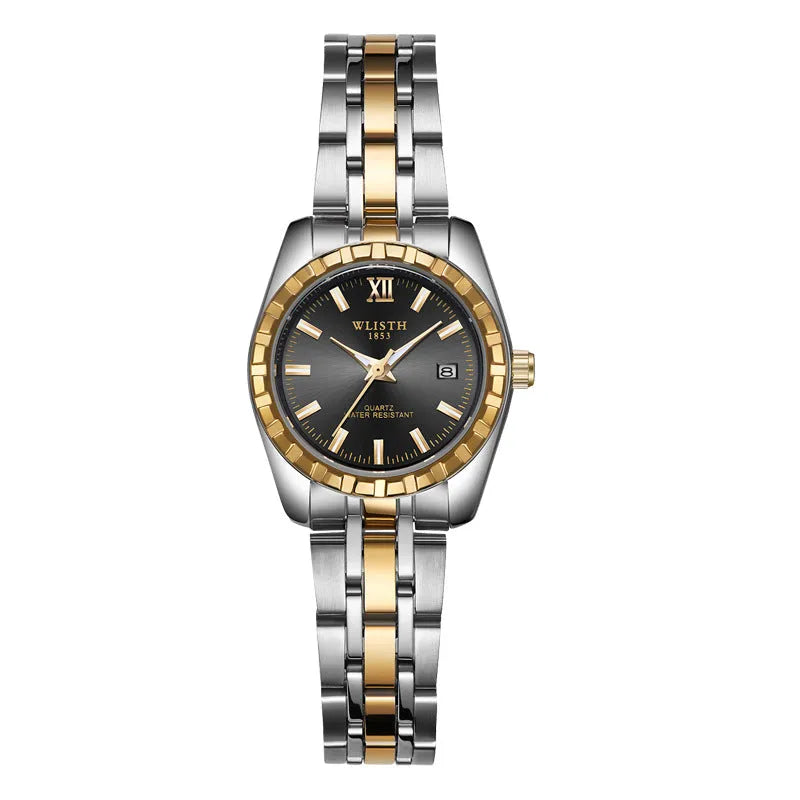 Couple watch with steel band, 28mm dial, luminous hands, and date window in silver finish