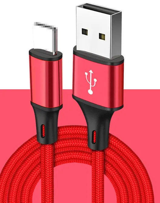 2m long USB mobile phone charging cable in multiple colours for Apple and Android Type C phones.