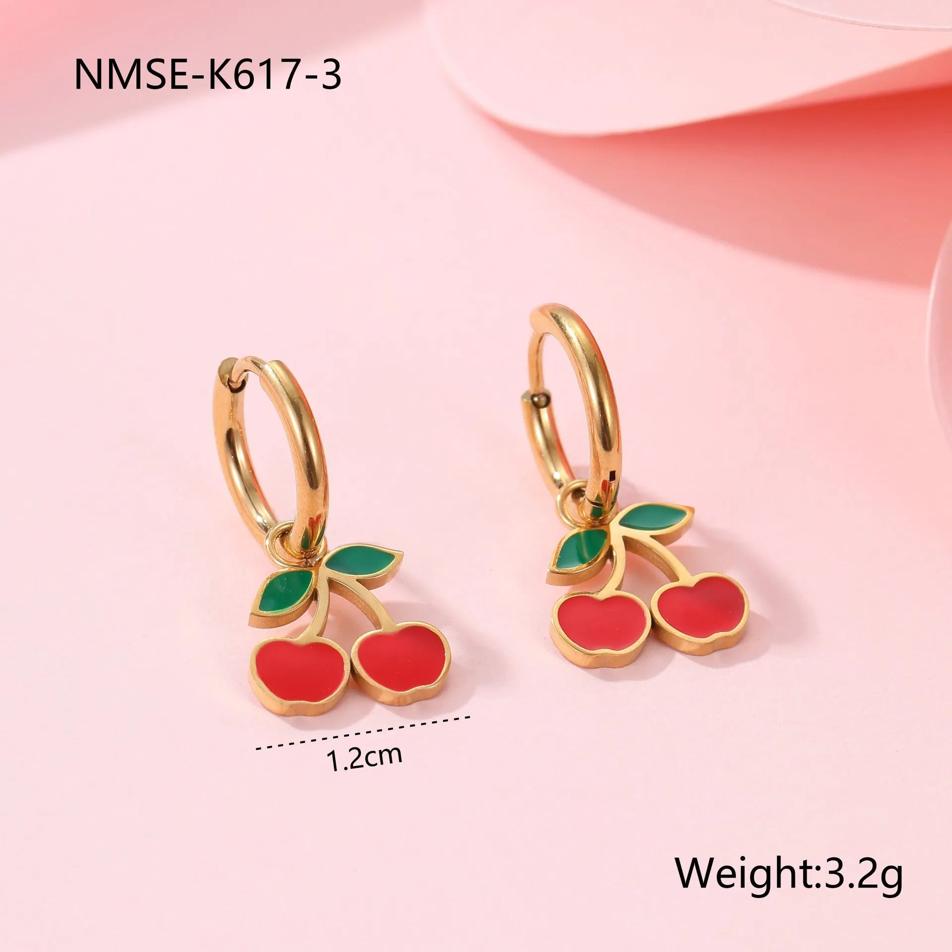 Cherry jewellery set showing necklace, bracelet, earrings, and ring with 18K gold electroplating on stainless steel