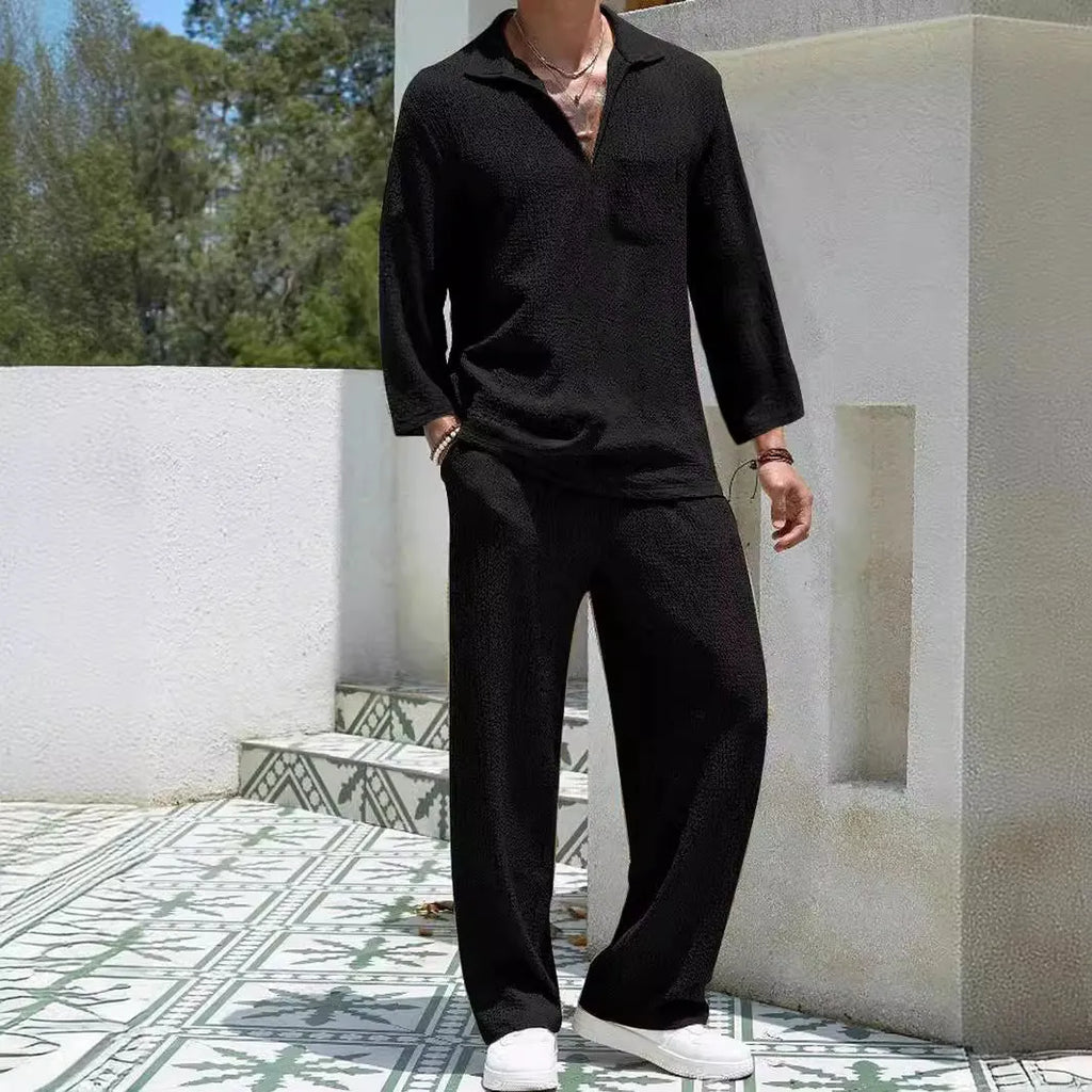Men's casual polyester commuter suit with shirt and trousers in lake blue, khaki, black, or caramel colours