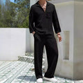 Men's casual polyester commuter suit with shirt and trousers in lake blue, khaki, black, or caramel colours