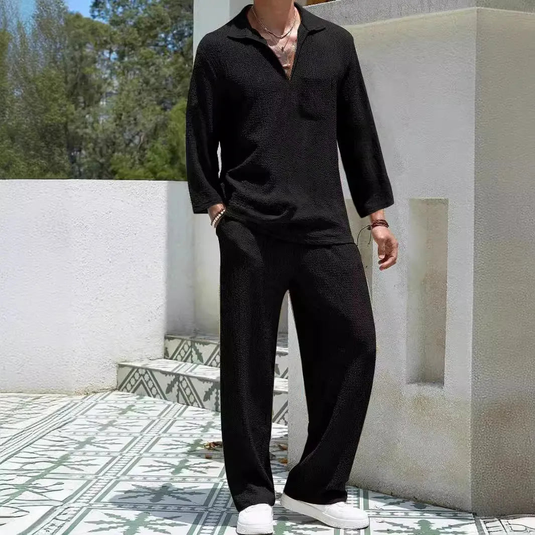 Men's casual polyester commuter suit with shirt and trousers in lake blue, khaki, black, or caramel colours