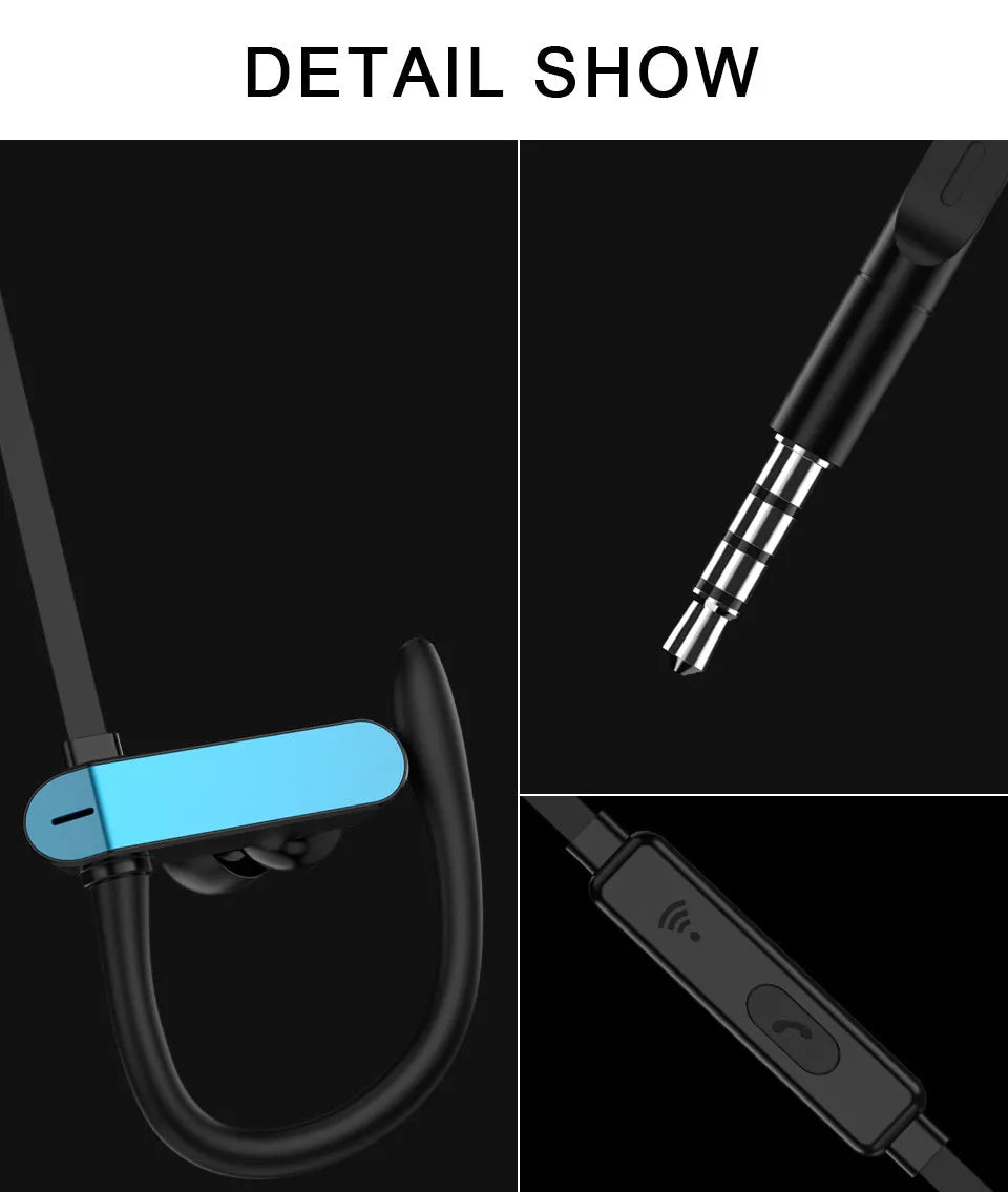 PTM TS27 compatible sport running earphones with black ear hook and silicone earbuds, showing microphone on cable
