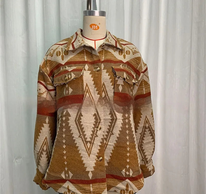 Retro style women's woolen jacket with Aztec printed design in loose fit