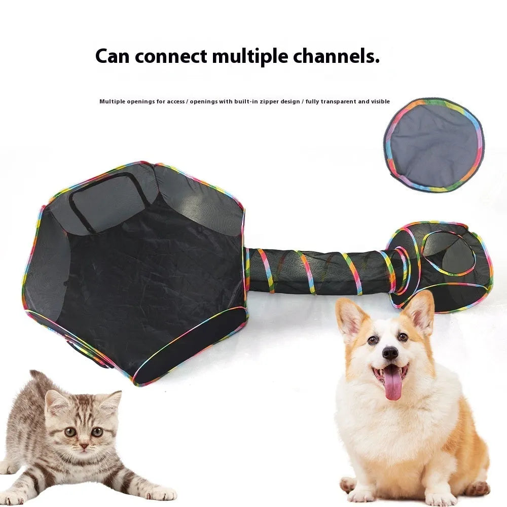 A foldable mesh cat play cage in a hexagonal style, showing open construction for pet visibility and interaction.