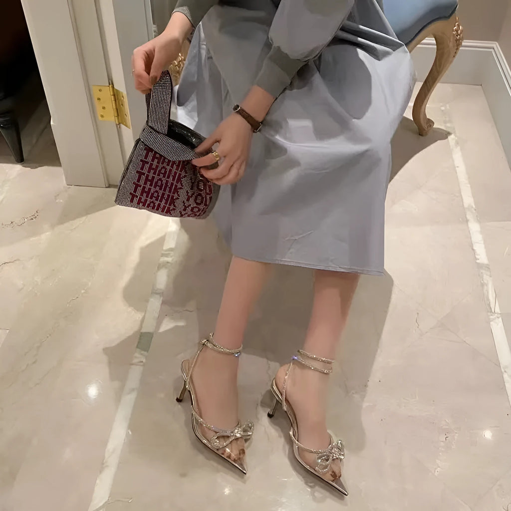 French style women's stiletto sandals with silk bandage back detail in multiple colours