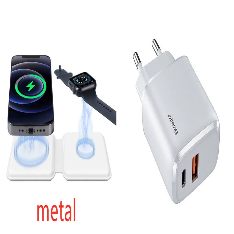 White 2 in 1 magnetic wireless charging dock with foldable design showing dual charging surfaces