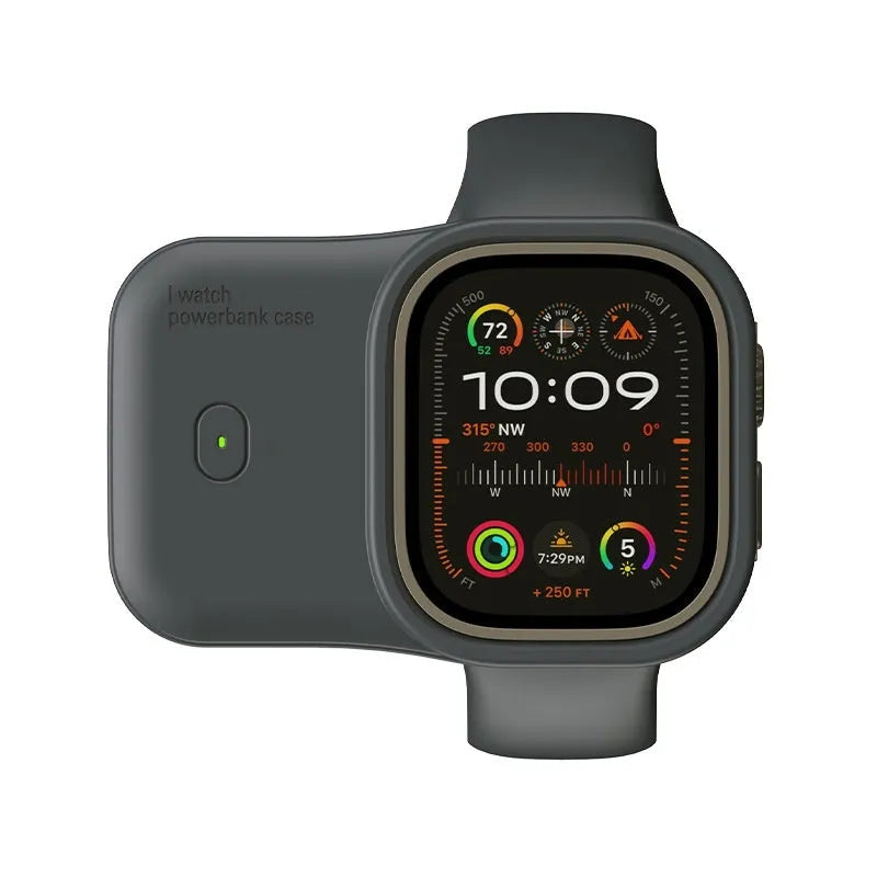 Portable wireless charging case for Apple Watch in brown, midnight blue, and starlight colours.