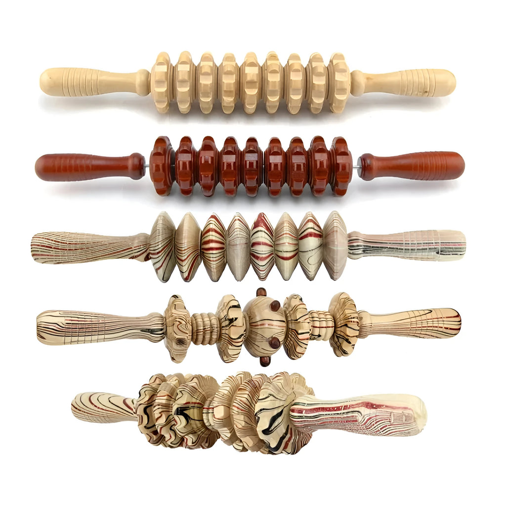 Wooden massage roller 38cm placed on surface, used for back and leg muscle trigger point recovery