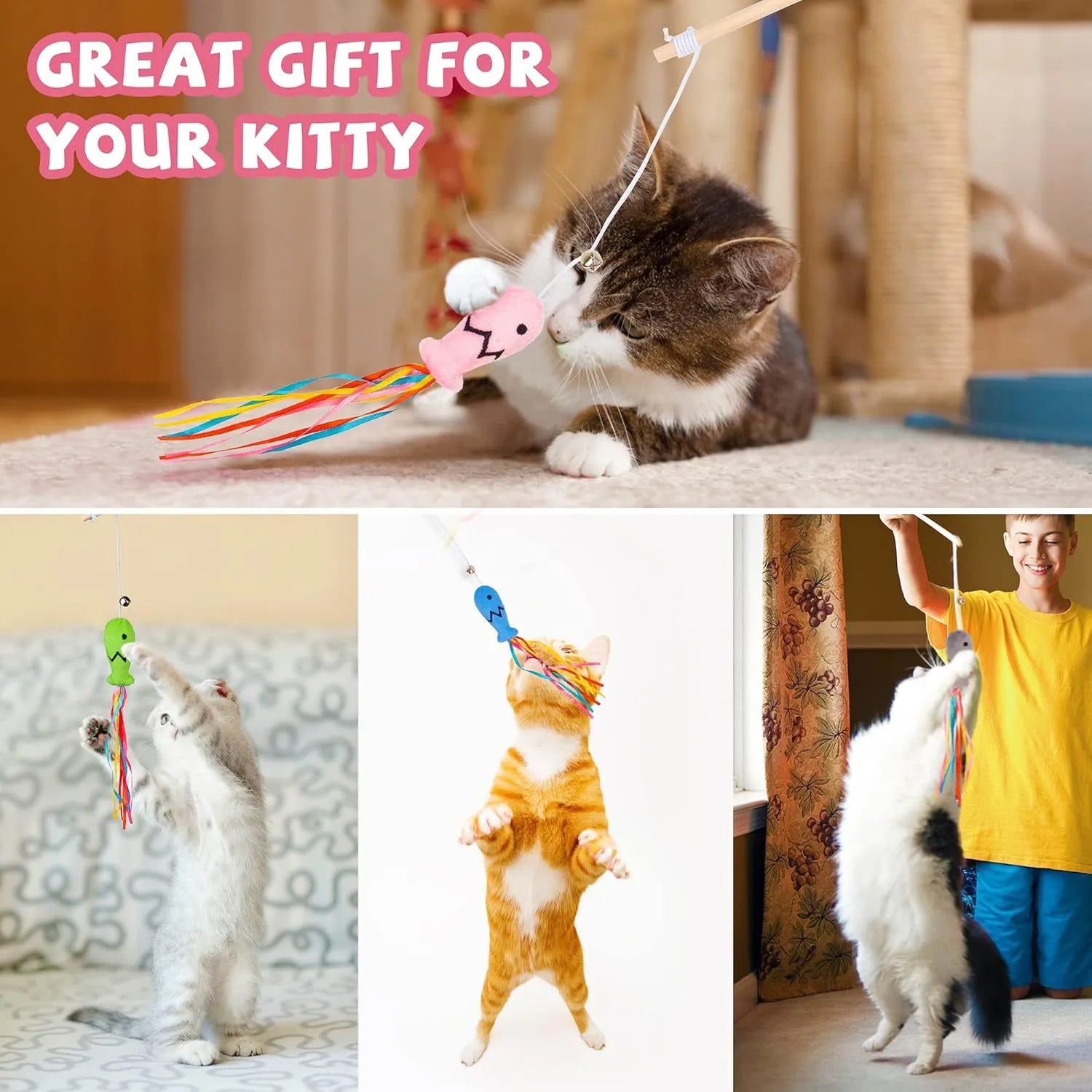 Wooden handle cat wand toy with catnip fish, ribbons and bell attachment in blue colour