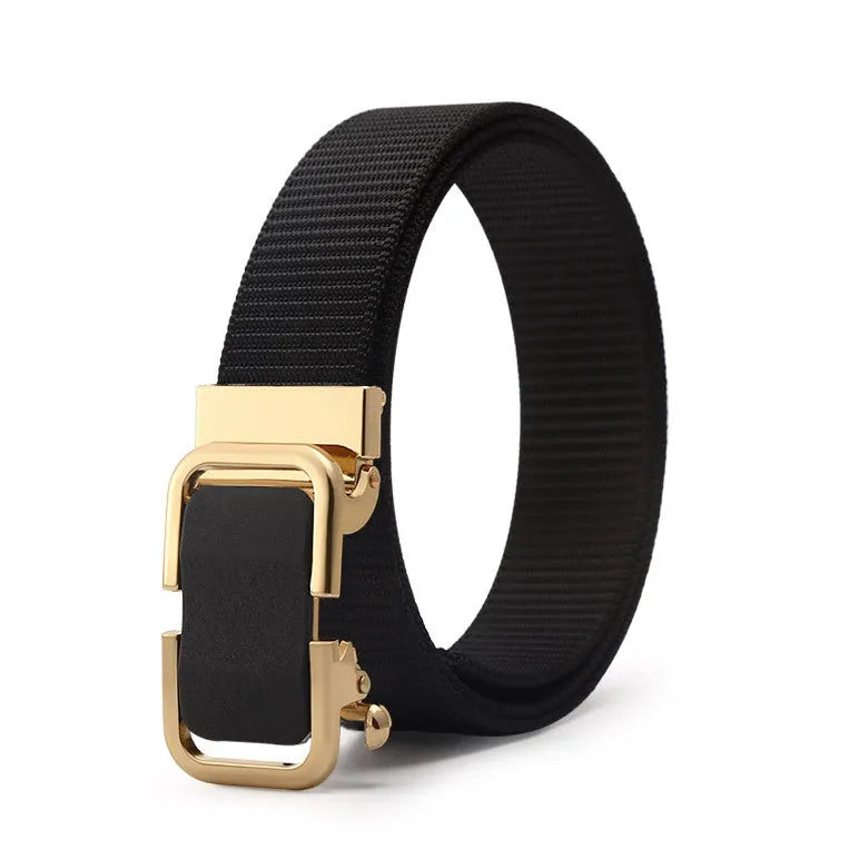 Men's nylon canvas belt with toothless alloy buckle shown in multiple colour options.