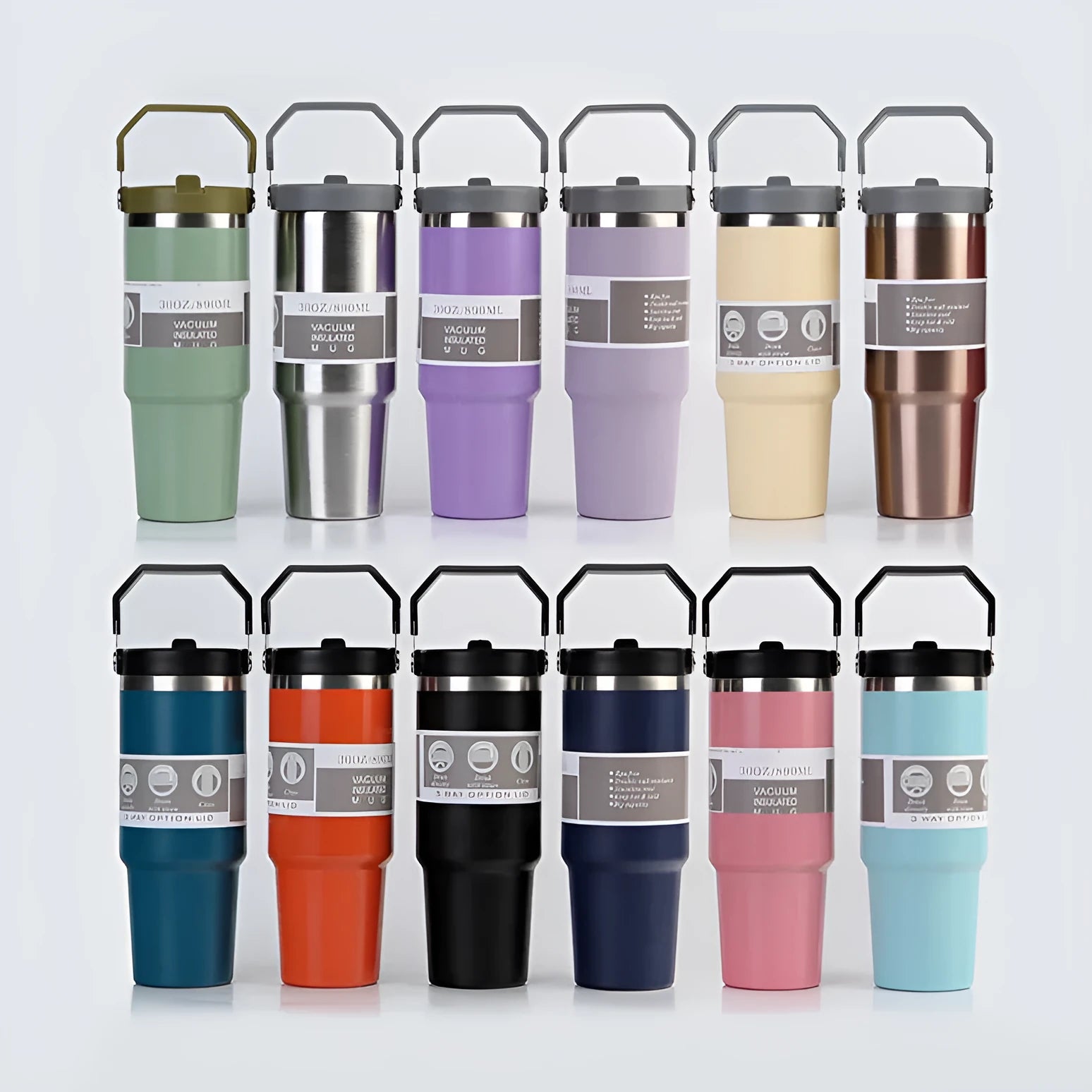 30oz insulated stainless steel travel tumbler with powder-coated finish and splash-proof sliding lid