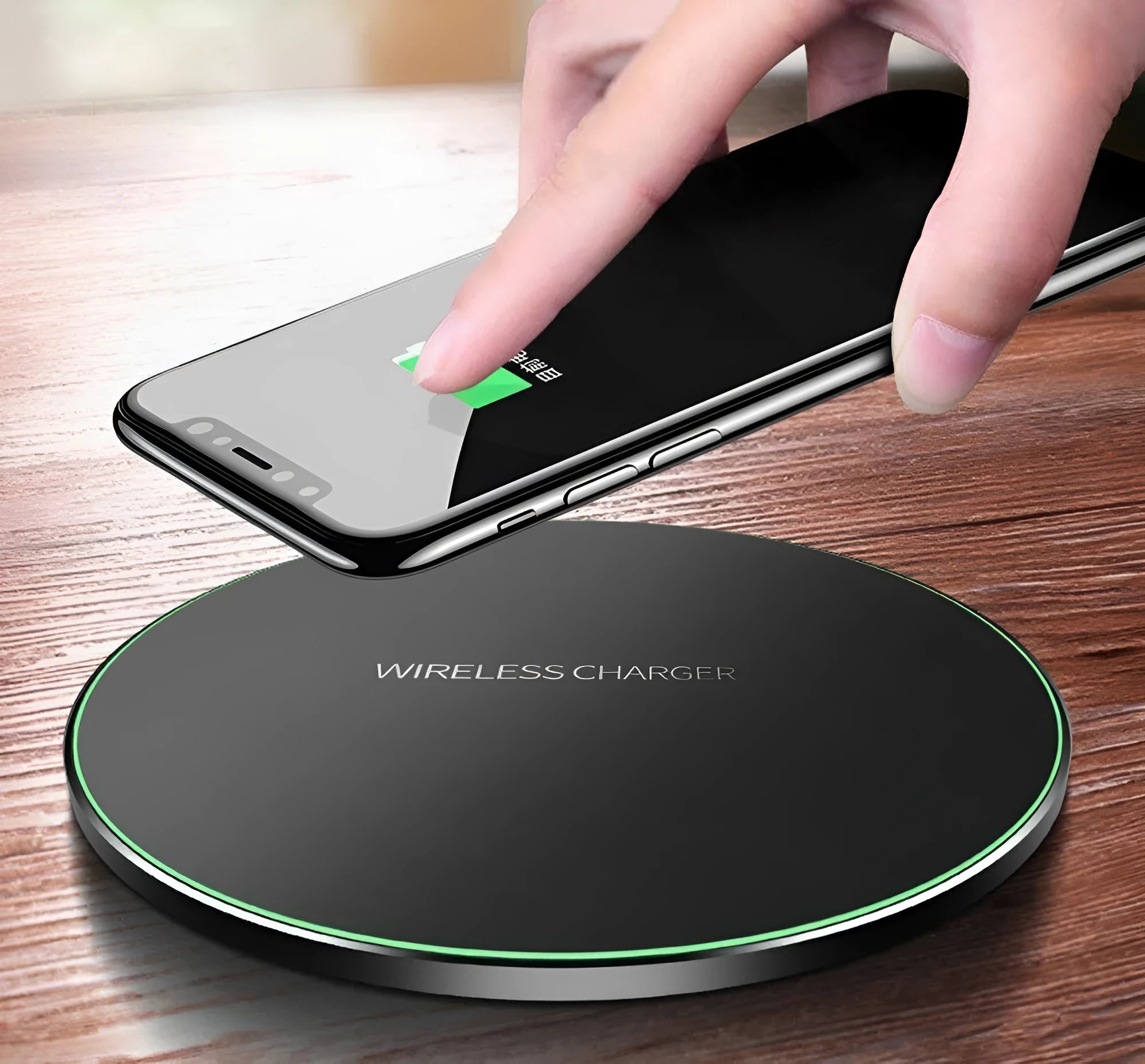 Black ultra-thin wireless fast charging pad with 98mm square dimensions for smartphone charging