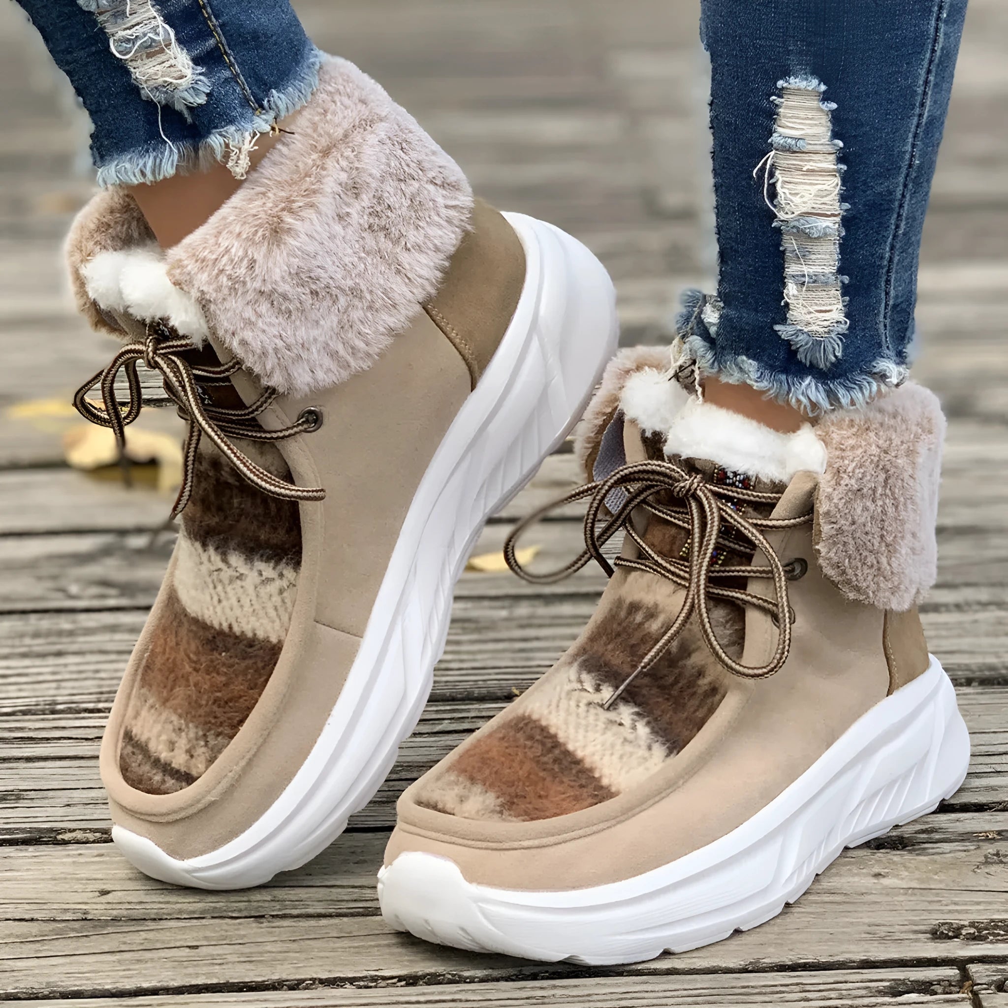 Women's lace-up snow boots in beige with artificial fur lining and platform sole