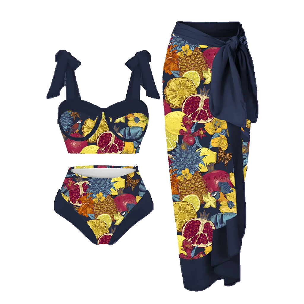 Women's printed three-piece swimming costume with bra, skirt and briefs in polyester fabric