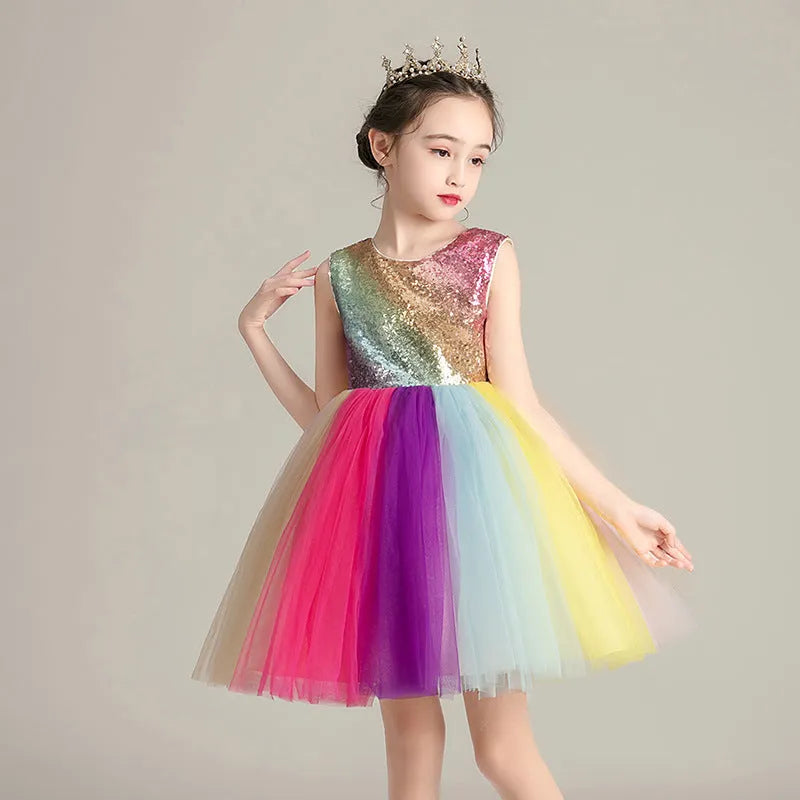 Girls rainbow skirt with lace and mesh layers in seven colours, polyester fabric, 110-160cm sizes