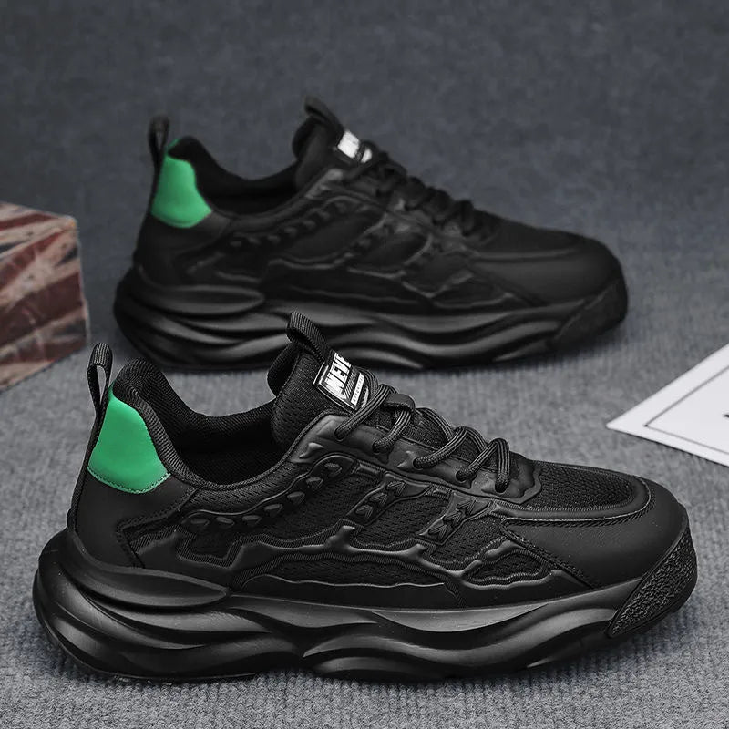 Men's white and black breathable mesh shoes with round toe design for leisure wear