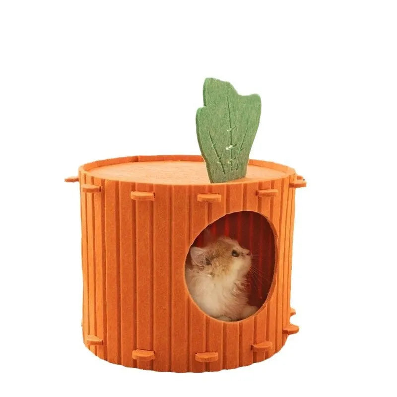 Carrot-shaped grey felt cat tunnel nest for cats, shown in a semi-enclosed design.