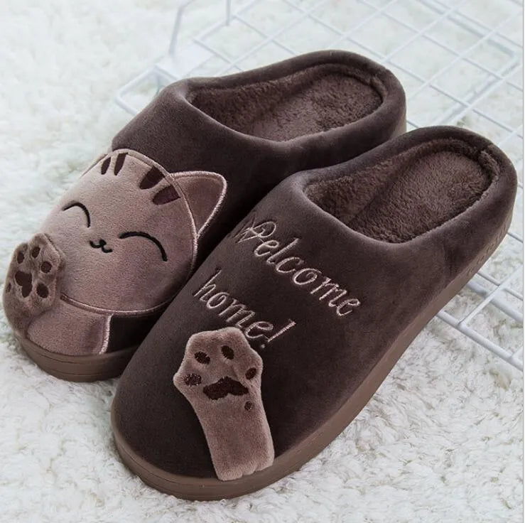 LovelyCotton slippers with cat design, soft suede vamp, warm plush lining, low heel, PVC sole, indoor use