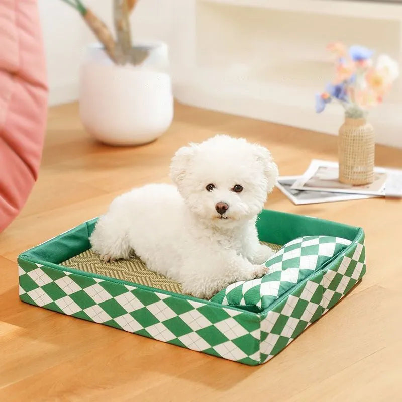 Blue woven rattan cat bed with non-slip base placed on a wooden floor.